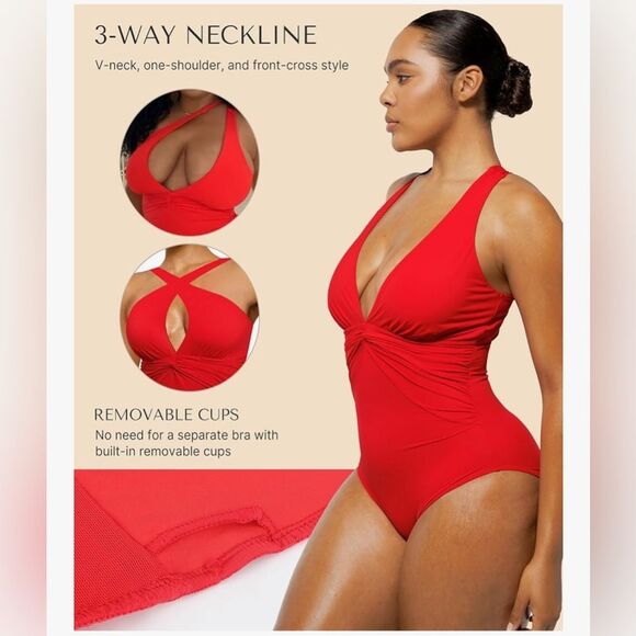 SHAPELLX Tummy Control Swimsuit Women Ruched V Neck One Piece Red L NWT - Picture 7 of 10